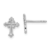 Sterling Silver RH-pltd Polished Textured Budded Cross Post Earrings